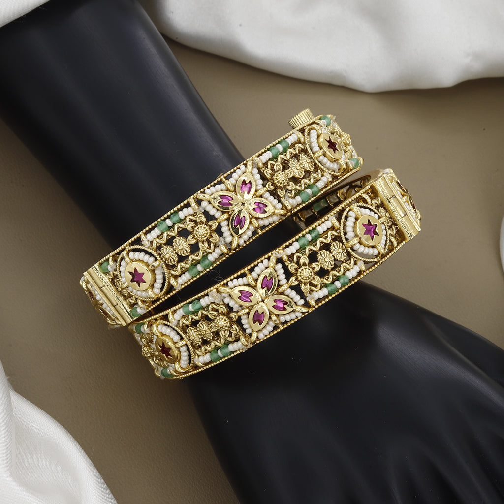 Antique Gold-Plated Ruby and Pearl Floral Kada Bangles