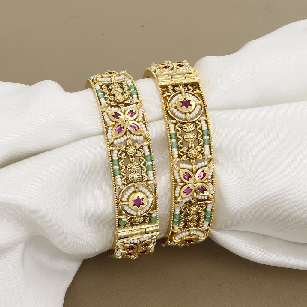Antique Gold-Plated Ruby and Pearl Floral Kada Bangles