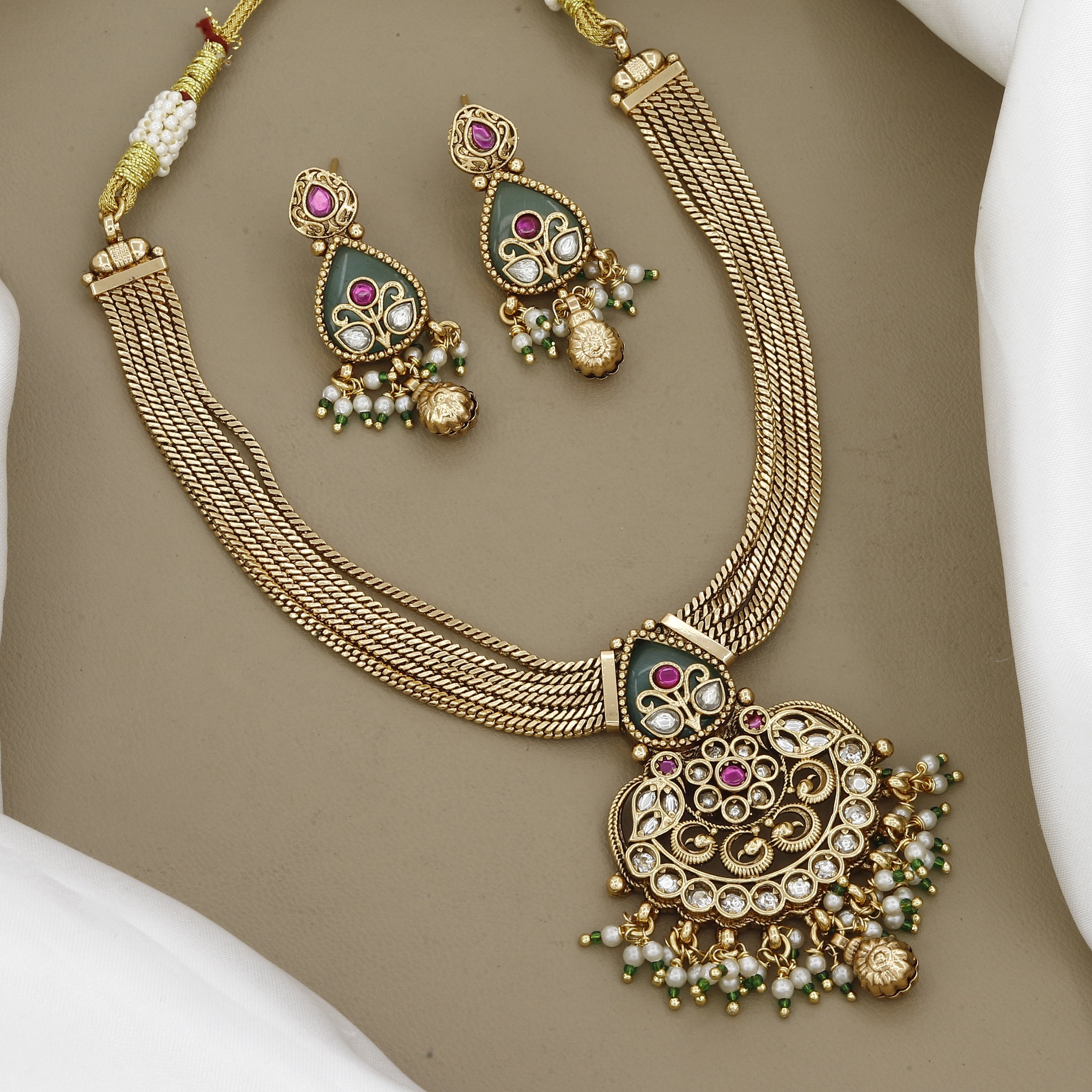 Antique Gold-Plated Meenakari Necklace Set with Kundan & Pearl Accents