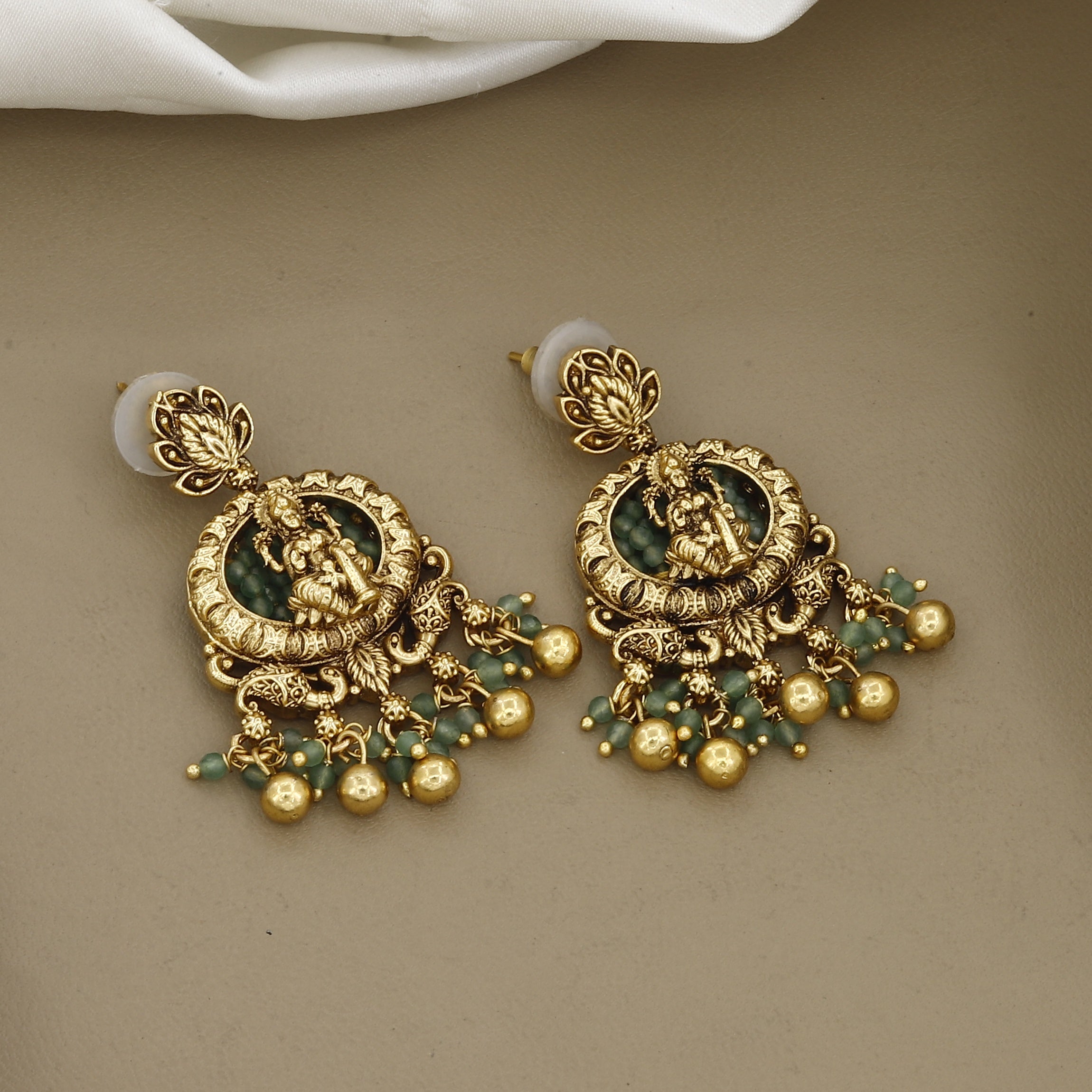 Antique Gold-Plated Lakshmi Temple Jewelry Necklace Set with Green Beads