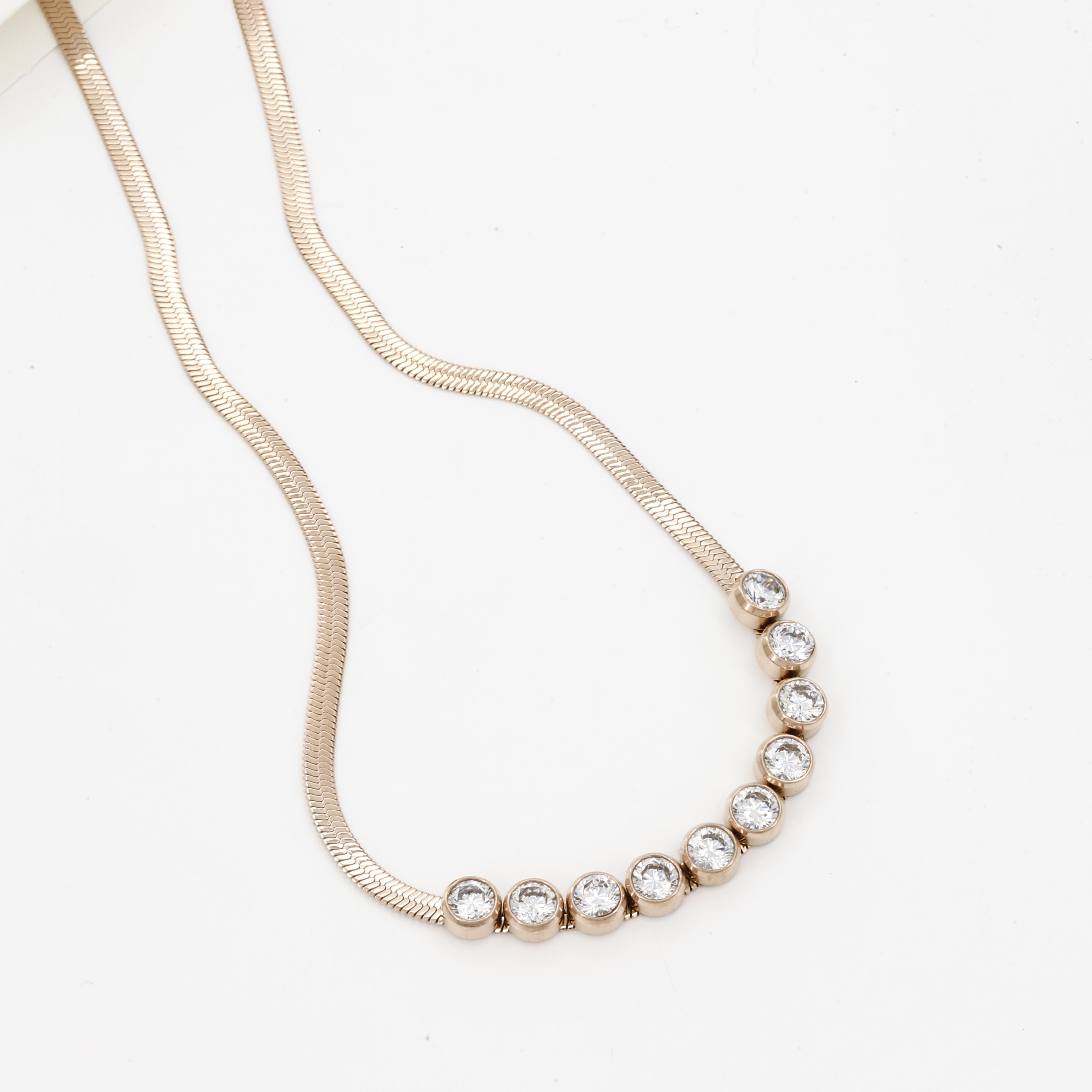 Curved Crystal Bar Modern Rose Gold Flat Chain Necklace