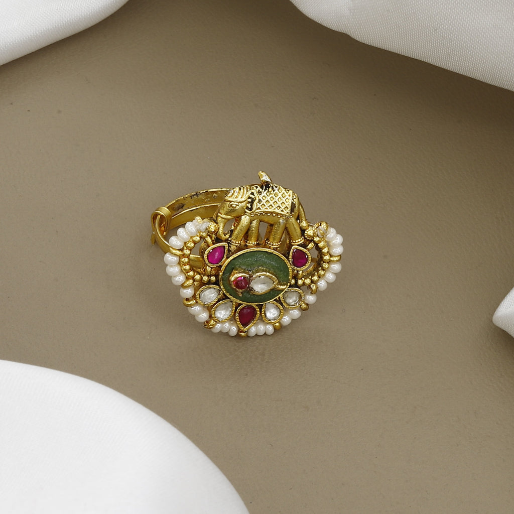 Antique Gold Elephant Motif Ring with Pearl Border & Green Inlay