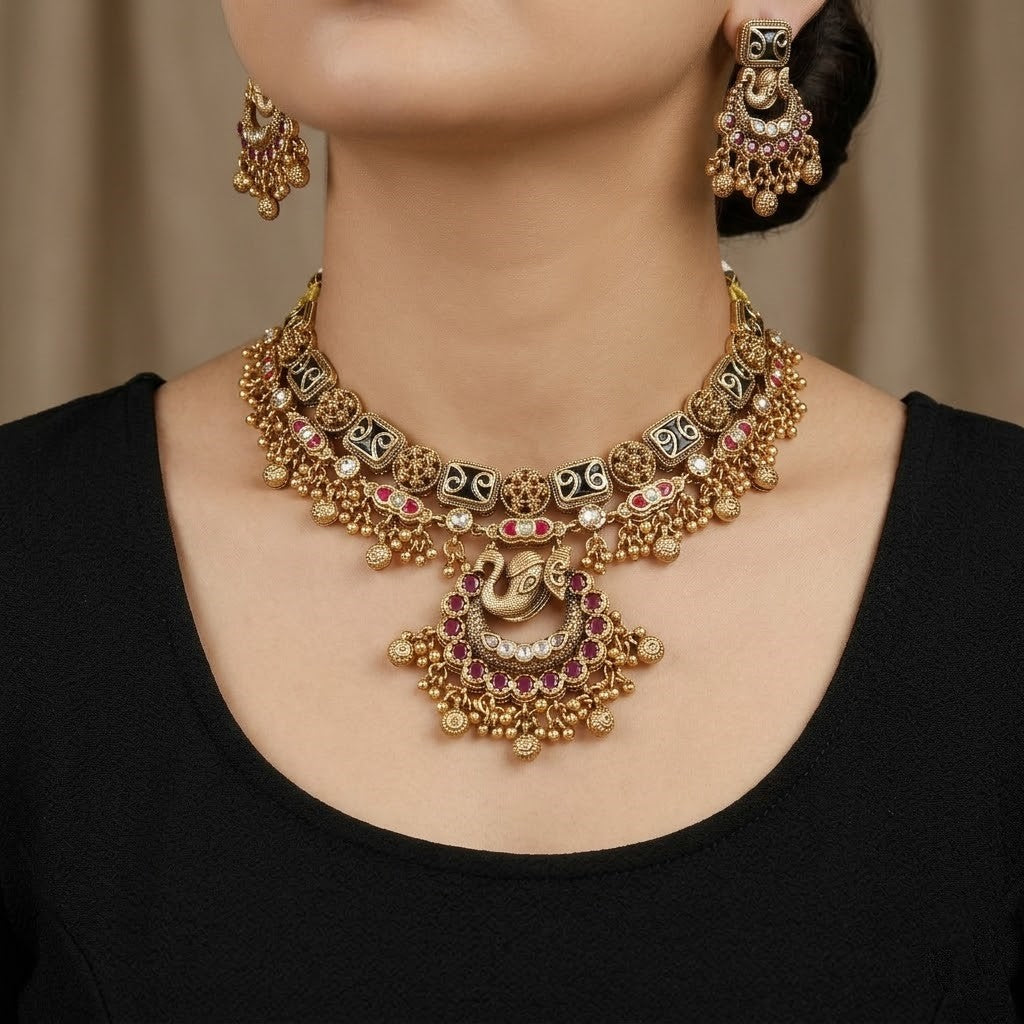 Antique Gold Peacock Necklace Set with Maang Tikka
