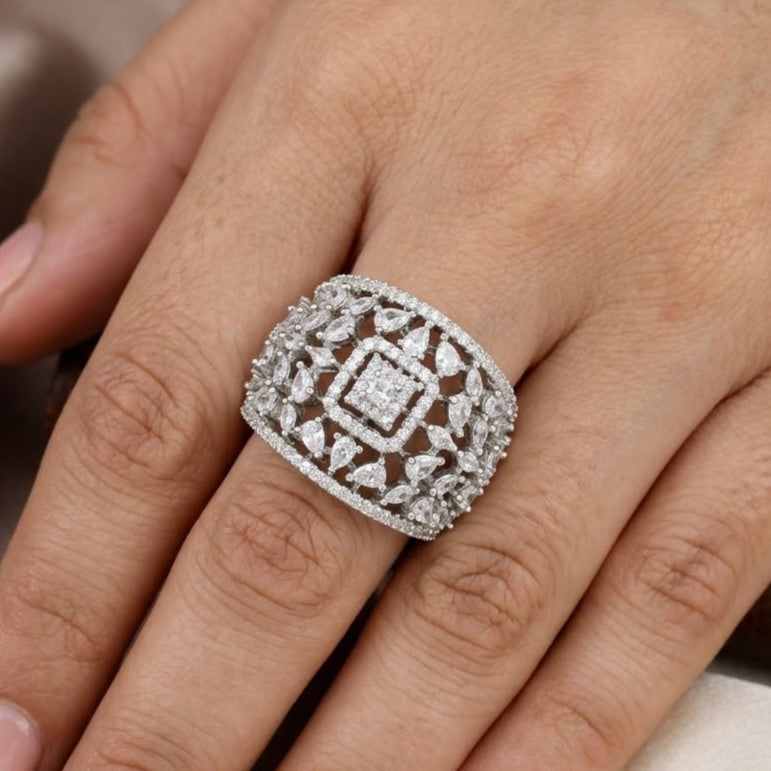 Luxury Silver Polished & Rhodium Plated Statement Ring (Copy)