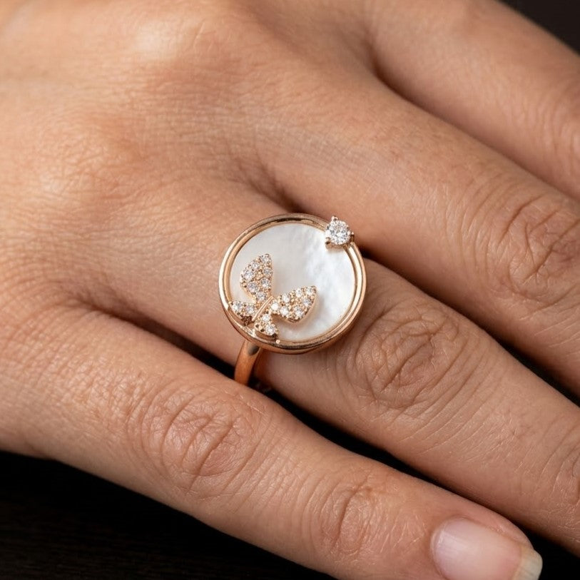 Elegant Mother-of-Pearl Butterfly Medallion Ring in 14K Gold-Plated Finish