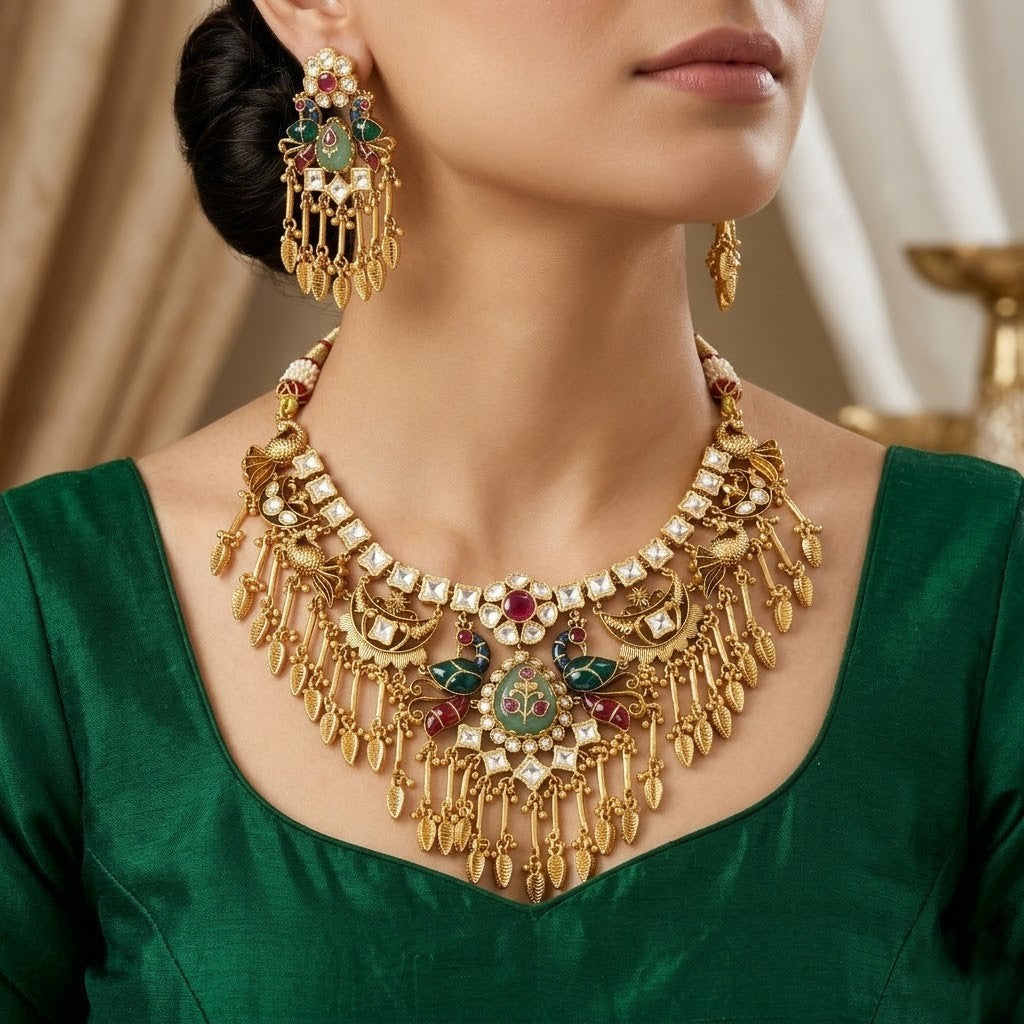 Grand Bridal Antique Gold Necklace Set with Peacock Motifs & Leaf Fringe