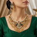 Grand Bridal Antique Gold Necklace Set with Peacock Motifs & Leaf Fringe