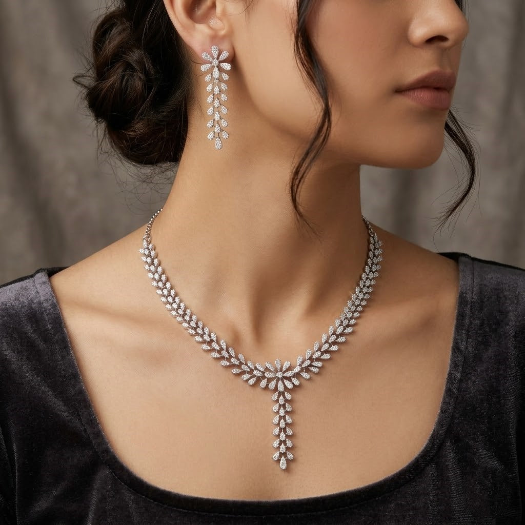 Silver Tone Sparkling Floral Leaf Cubic Zirconia Necklace & Drop Earring Set
