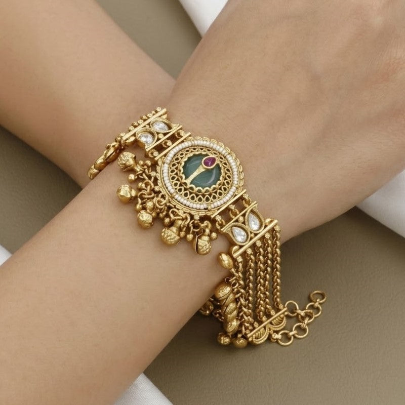 Antique Gold Kundan & Green Stone Bracelet