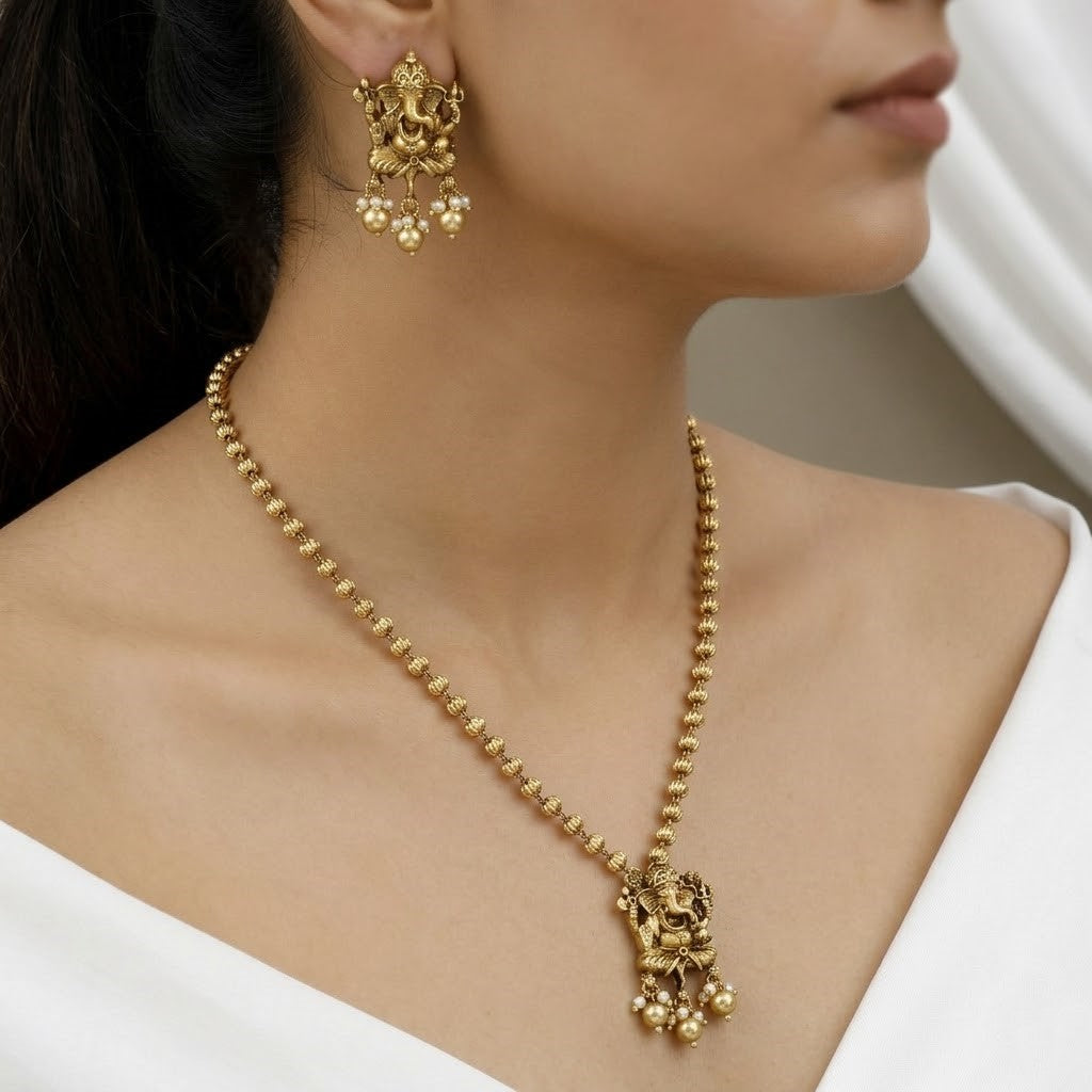 Antique Gold-Plated Lord Ganesha Necklace & Earrings Set