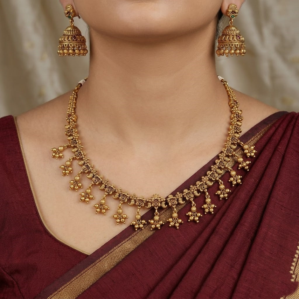 Traditional Antique Necklace Set with Floral Motifs and Ghungroo Drops