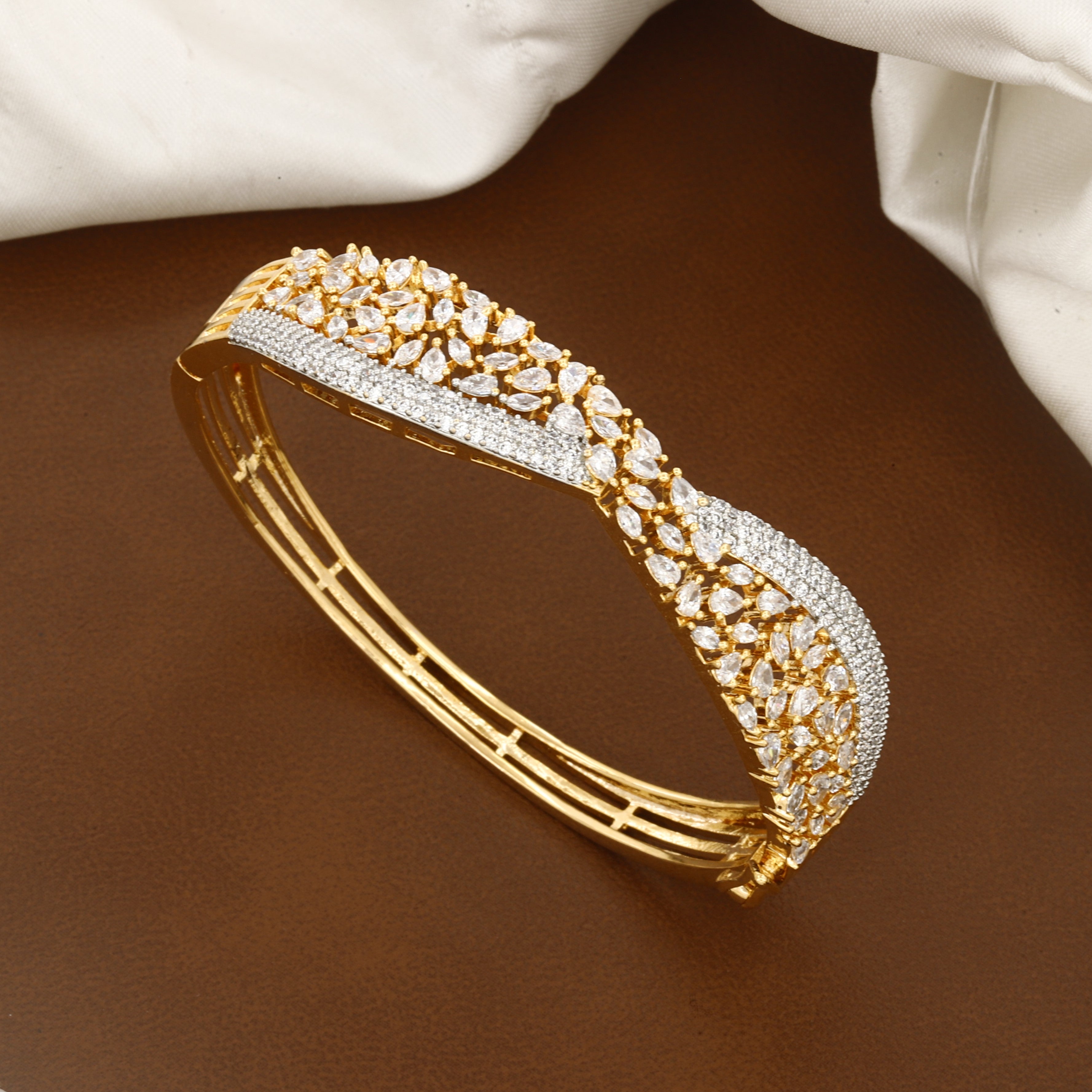 Elegant Gold-Tone CZ Crisscross Diamond Bangle Kada