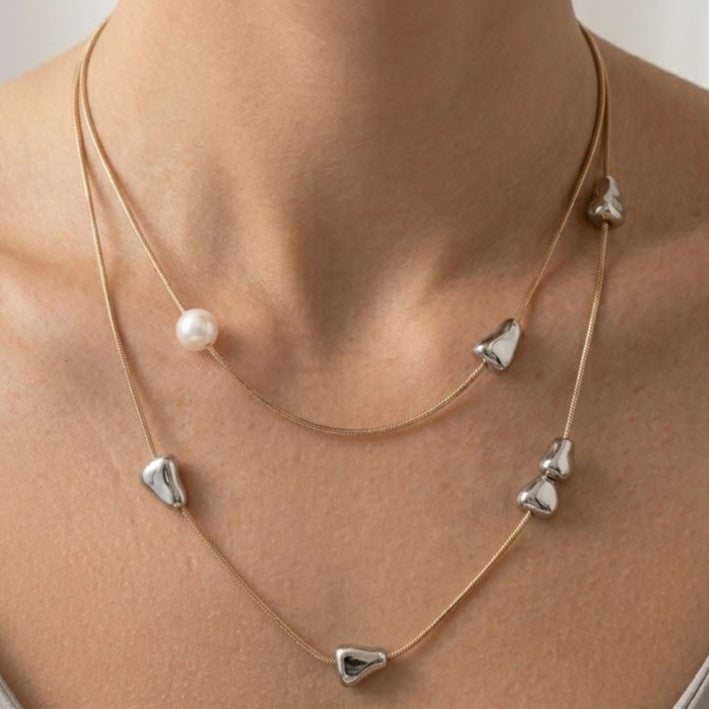 Layered Gold Snake Chain Necklace with Pearl & Silver Pebbles