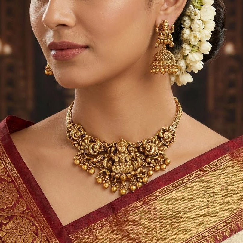 Antique Gold Temple Jewelry Set with Lakshmi Motif
