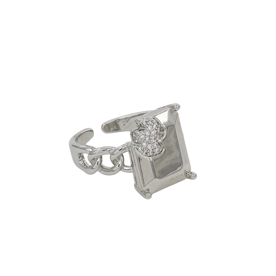 Silver Chain Link Ring with Pave Inset Rectangle Plate