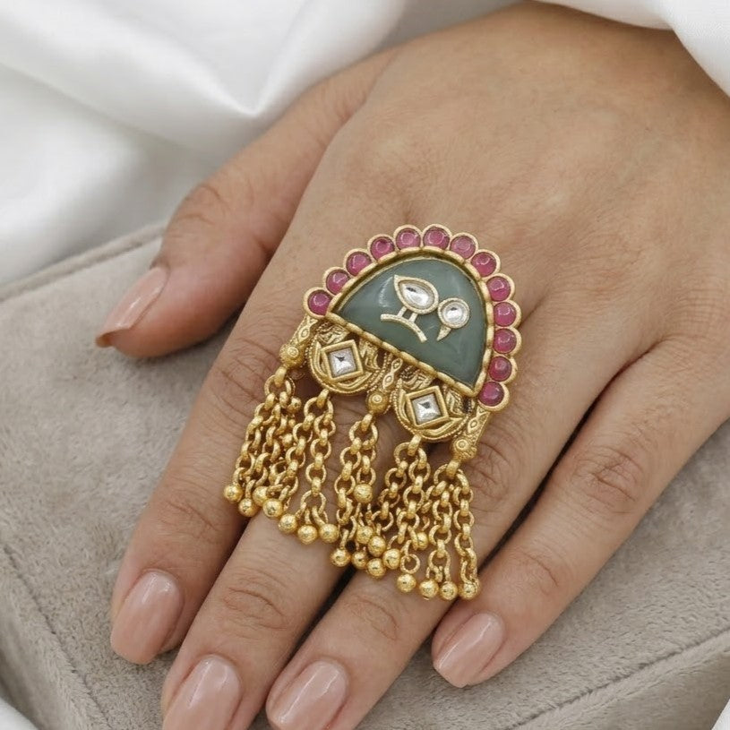 Antique Carved Green Stone Ring with Gold Chain Tassels