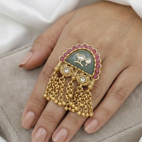 Antique Carved Green Stone Ring with Gold Chain Tassels