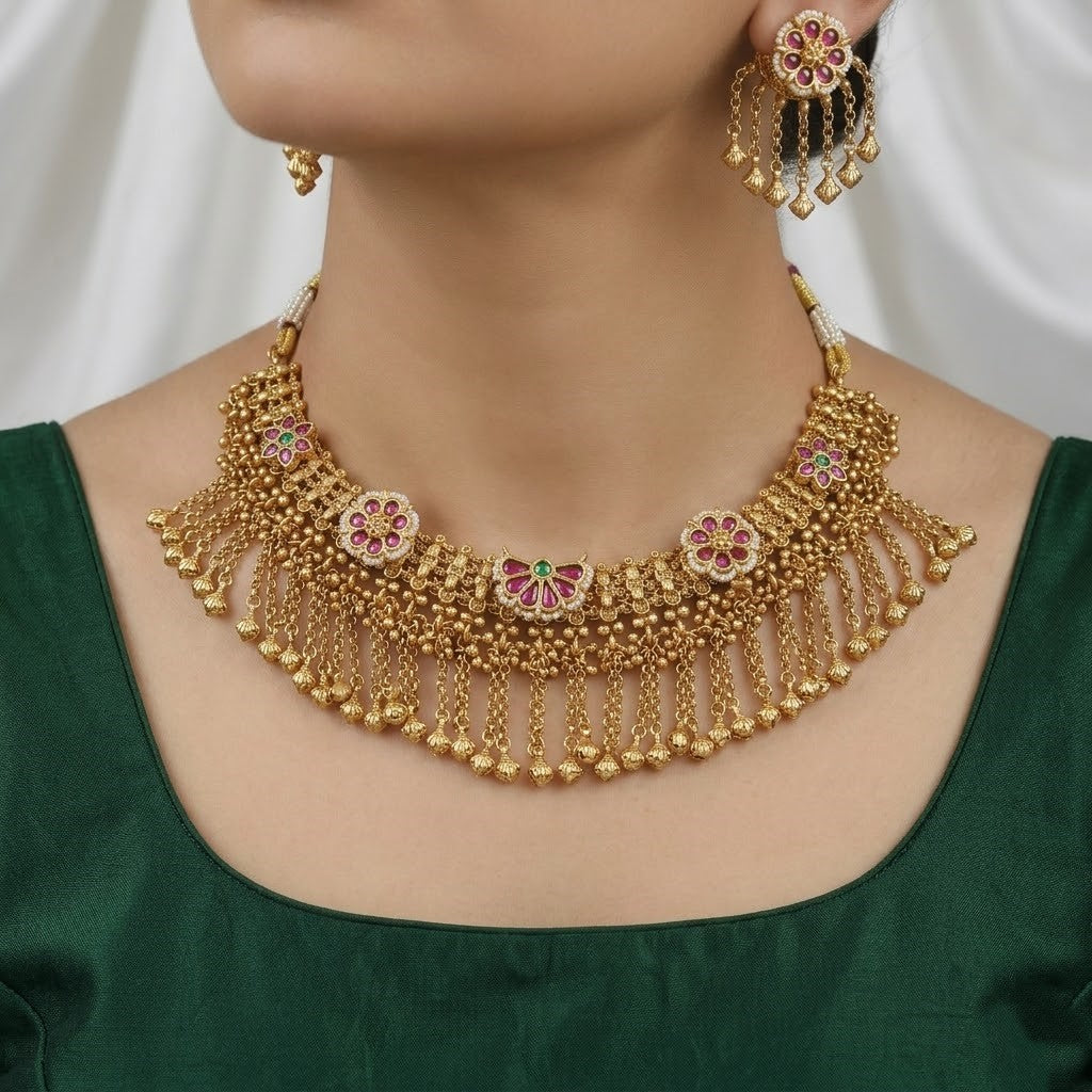 Traditional Gold Plated Jalar Necklace Set with Ruby Stones