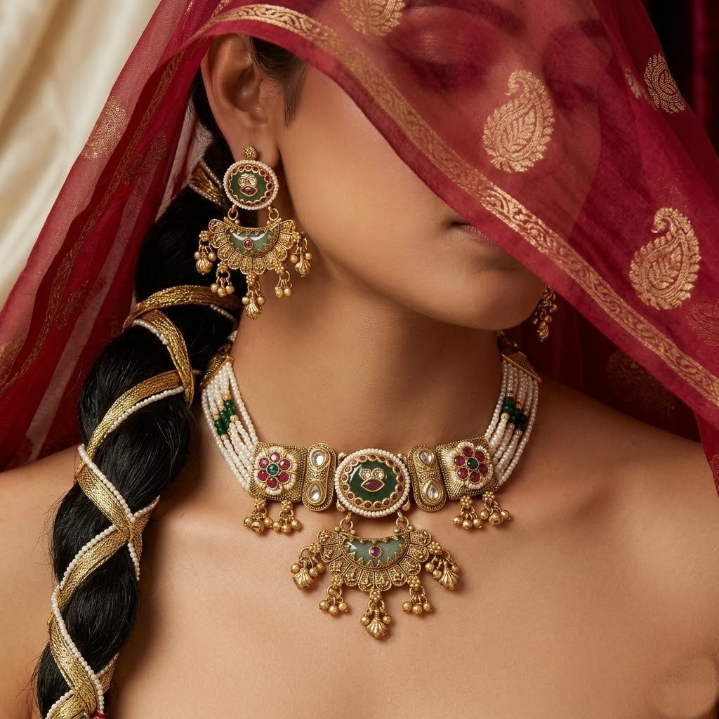 Pearl & Meenakari Antique Wedding Necklace Set