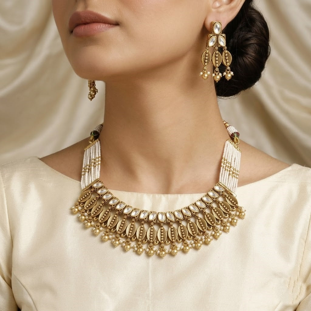 Statement Pearl & Polki Style Choker Necklace Set