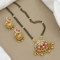 Floral Stone Mangalsutra Pendant Set with Black Beads