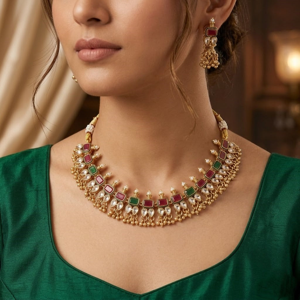 Elegant Antique Gold-Plated Choker Set with Maroon & Green Stones