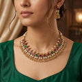 Elegant Antique Gold-Plated Choker Set with Maroon & Green Stones