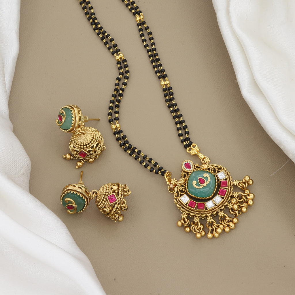 Traditional Gold Mangalsutra Set with Green Stone & Jhumkas