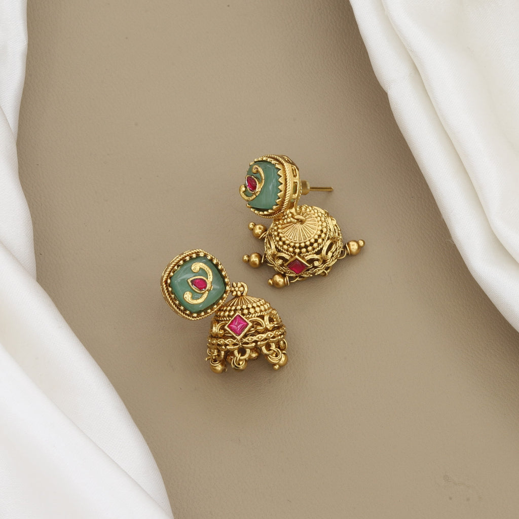 Traditional Gold Mangalsutra Set with Green Stone & Jhumkas