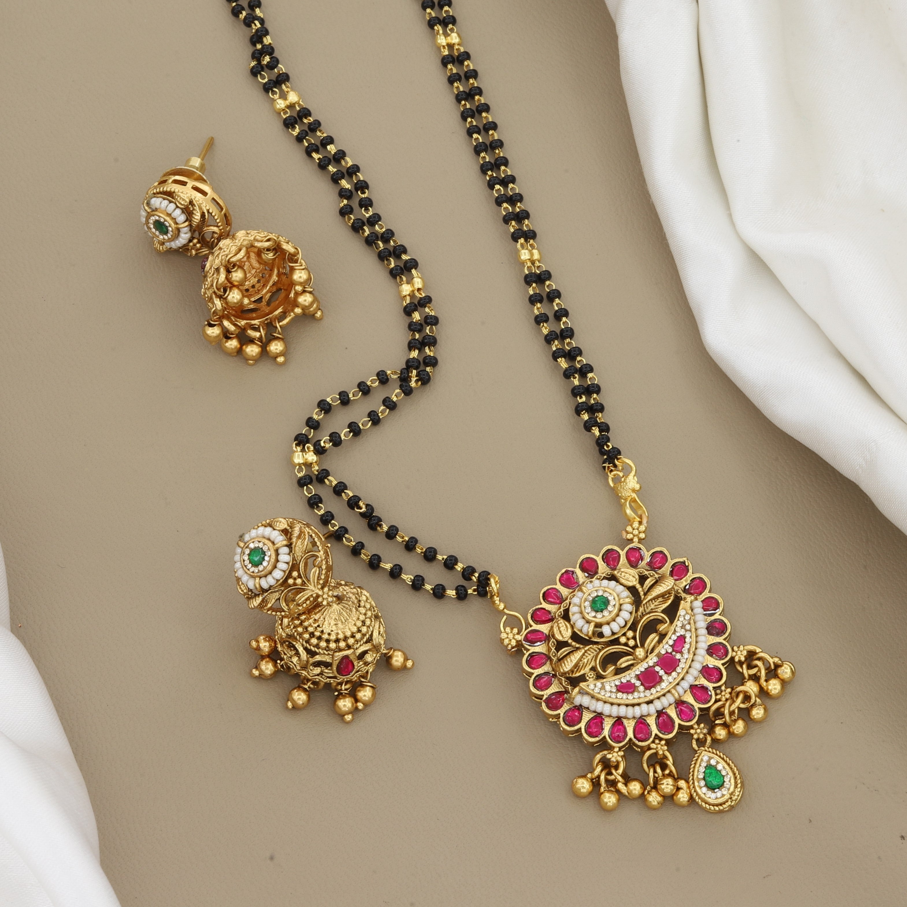 Antique Gold Black Bead Mangalsutra & Jhumka Set