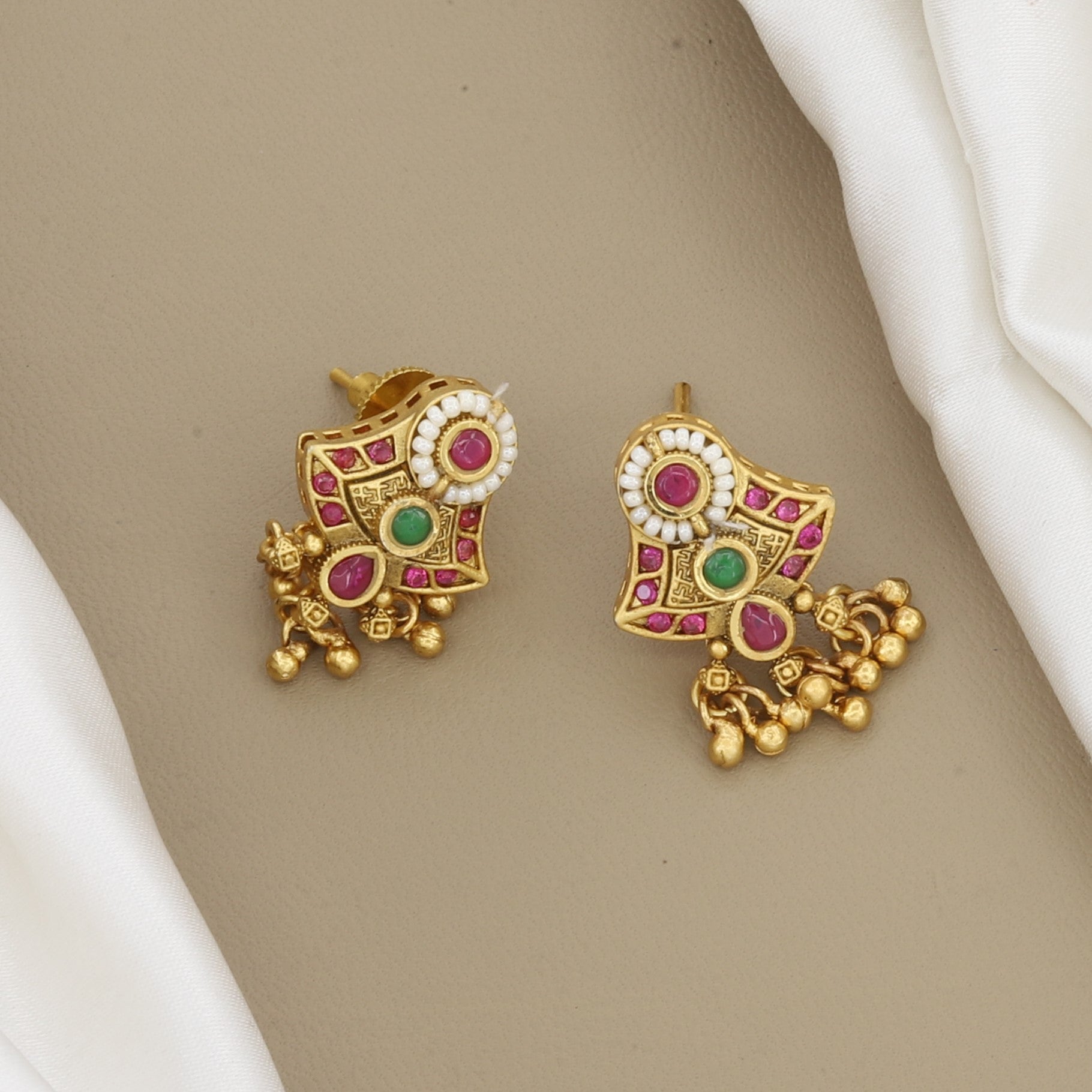 Traditional Gold Toned Pendant & Earring Set with Pink & Green Stones