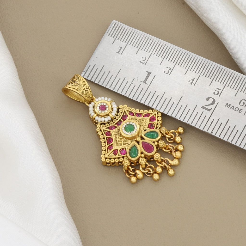 Traditional Gold Toned Pendant & Earring Set with Pink & Green Stones