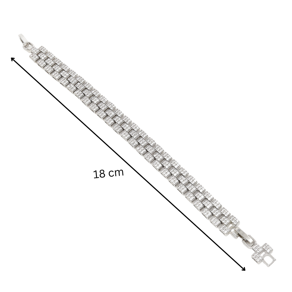 Silver Plated Triple-Row Pave Diamond Chain Bracelet