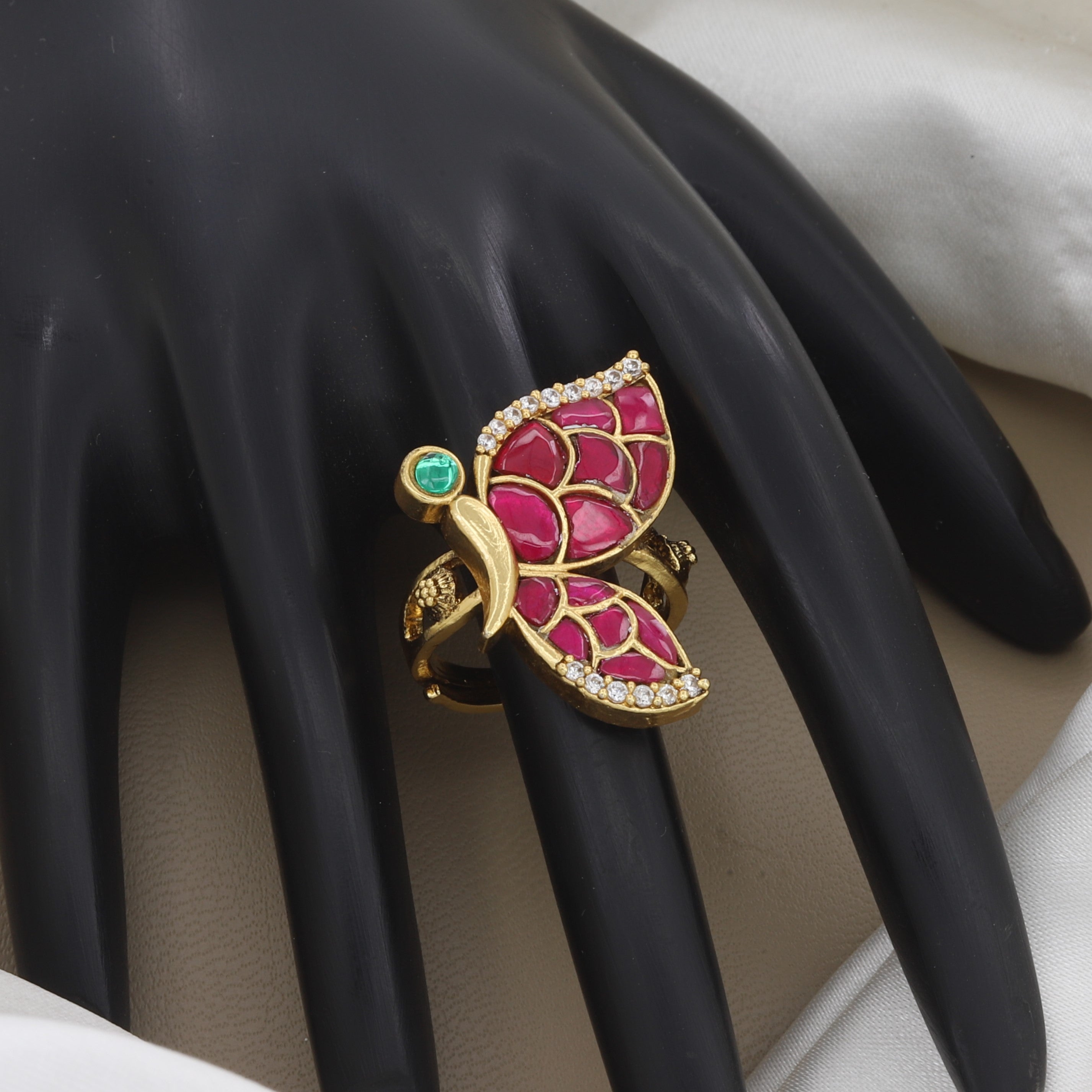 Antique Gold Butterfly Statement Ring with Pink & Green Stones