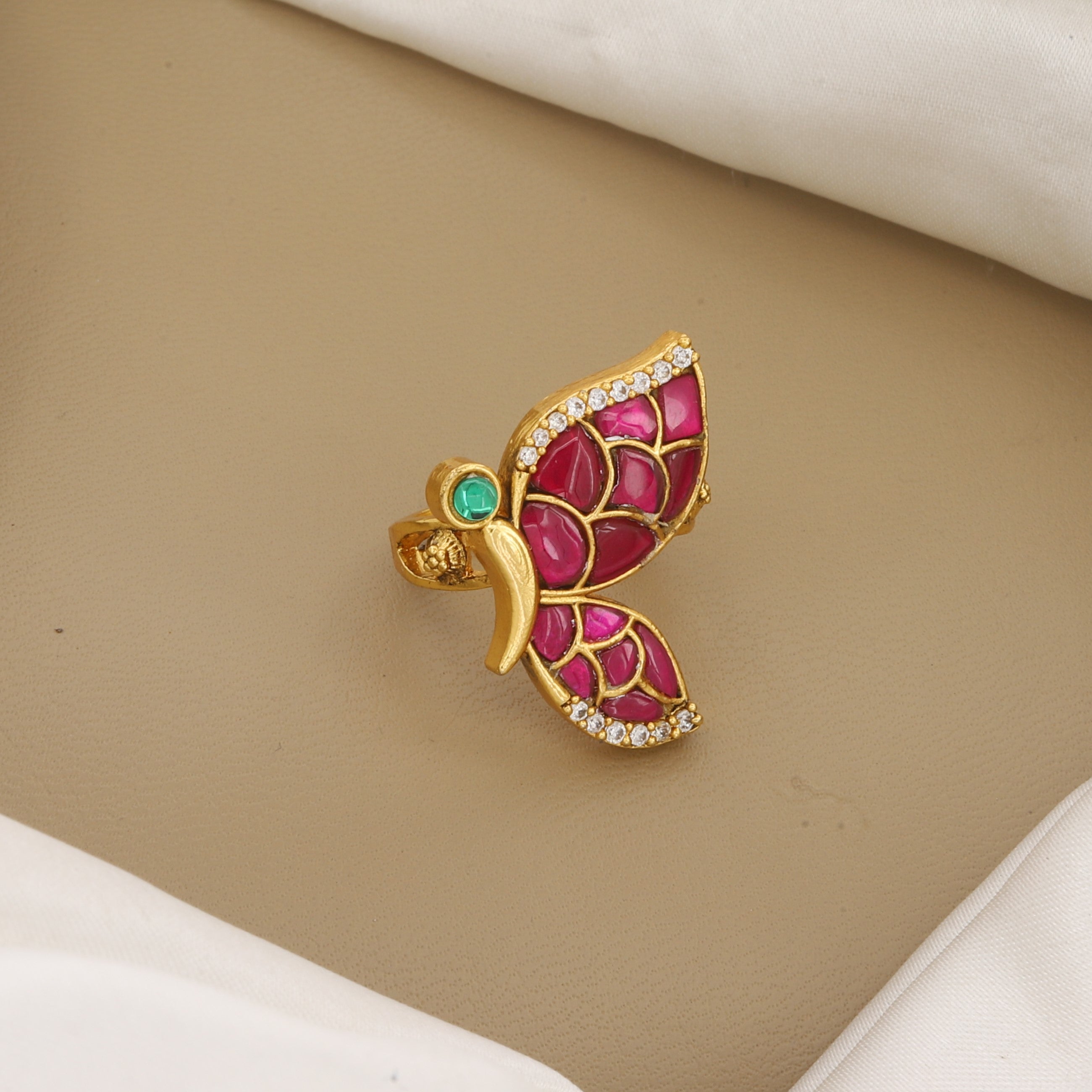 Antique Gold Butterfly Statement Ring with Pink & Green Stones