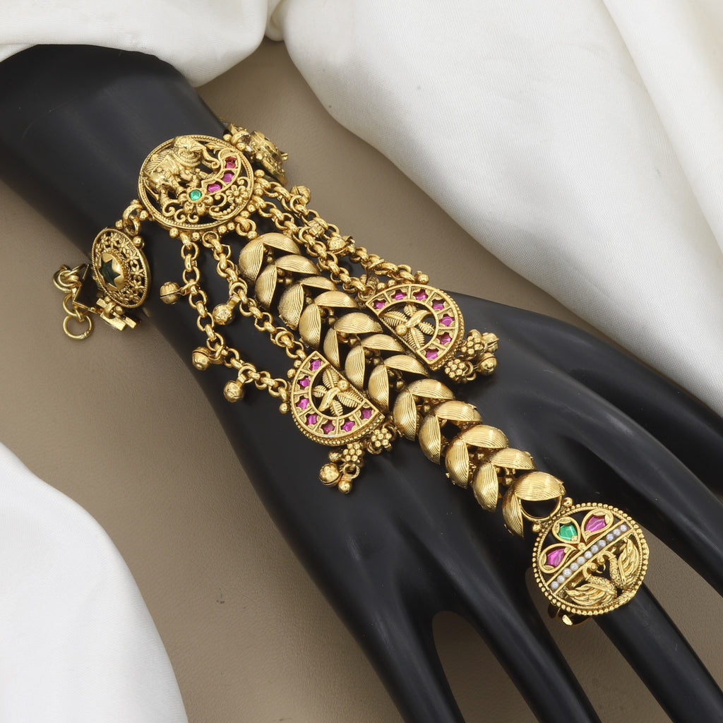 Antique Gold Finish Floral & Leaf Hathpanja with Ruby Green Stones