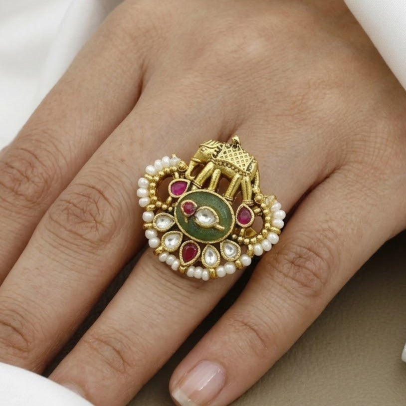Antique Gold Elephant Motif Ring with Pearl Border & Green Inlay