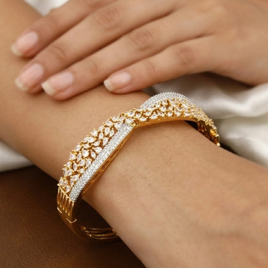 Elegant Gold-Tone CZ Crisscross Diamond Bangle Kada