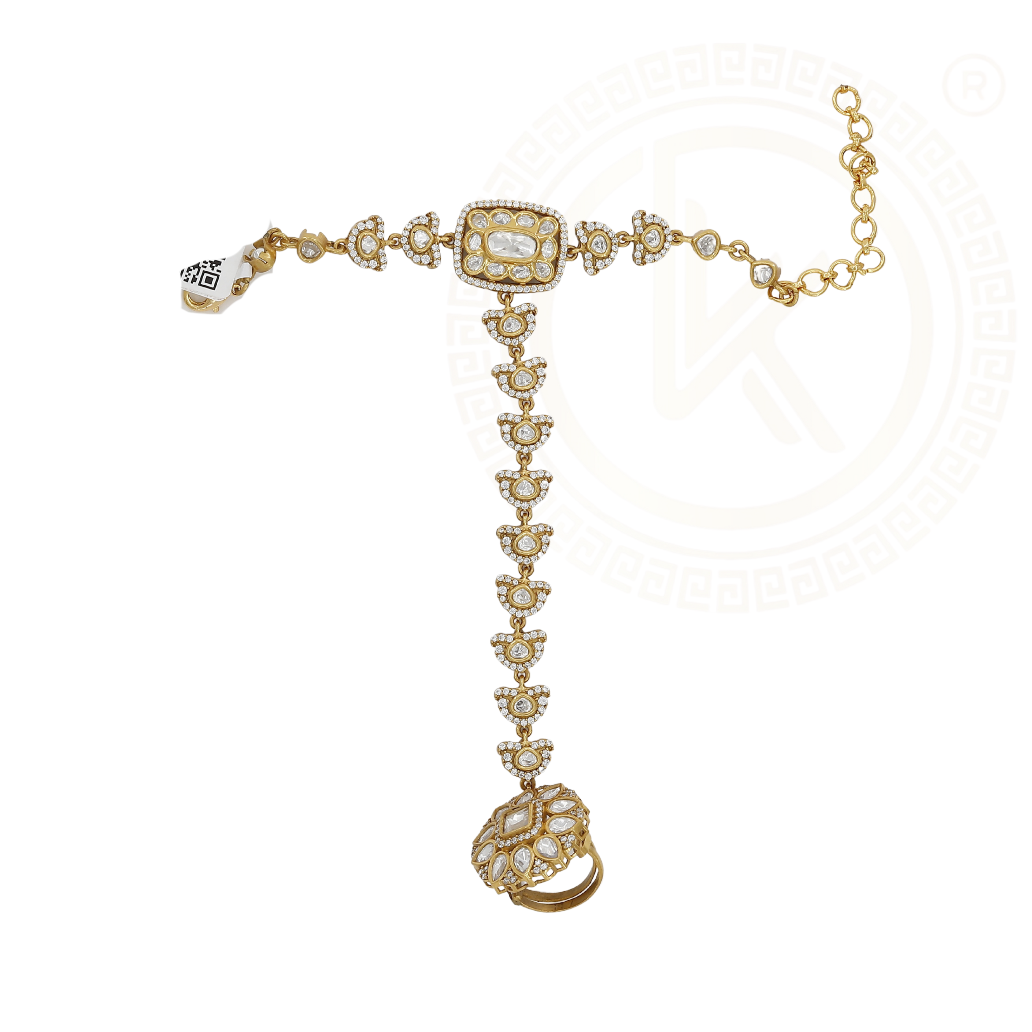 Beautiful Gold Plated Hand Ornament with Kundan & Pearls