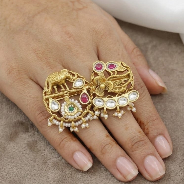 Antique Elephant Double Finger Ring with Polki & Gemstones