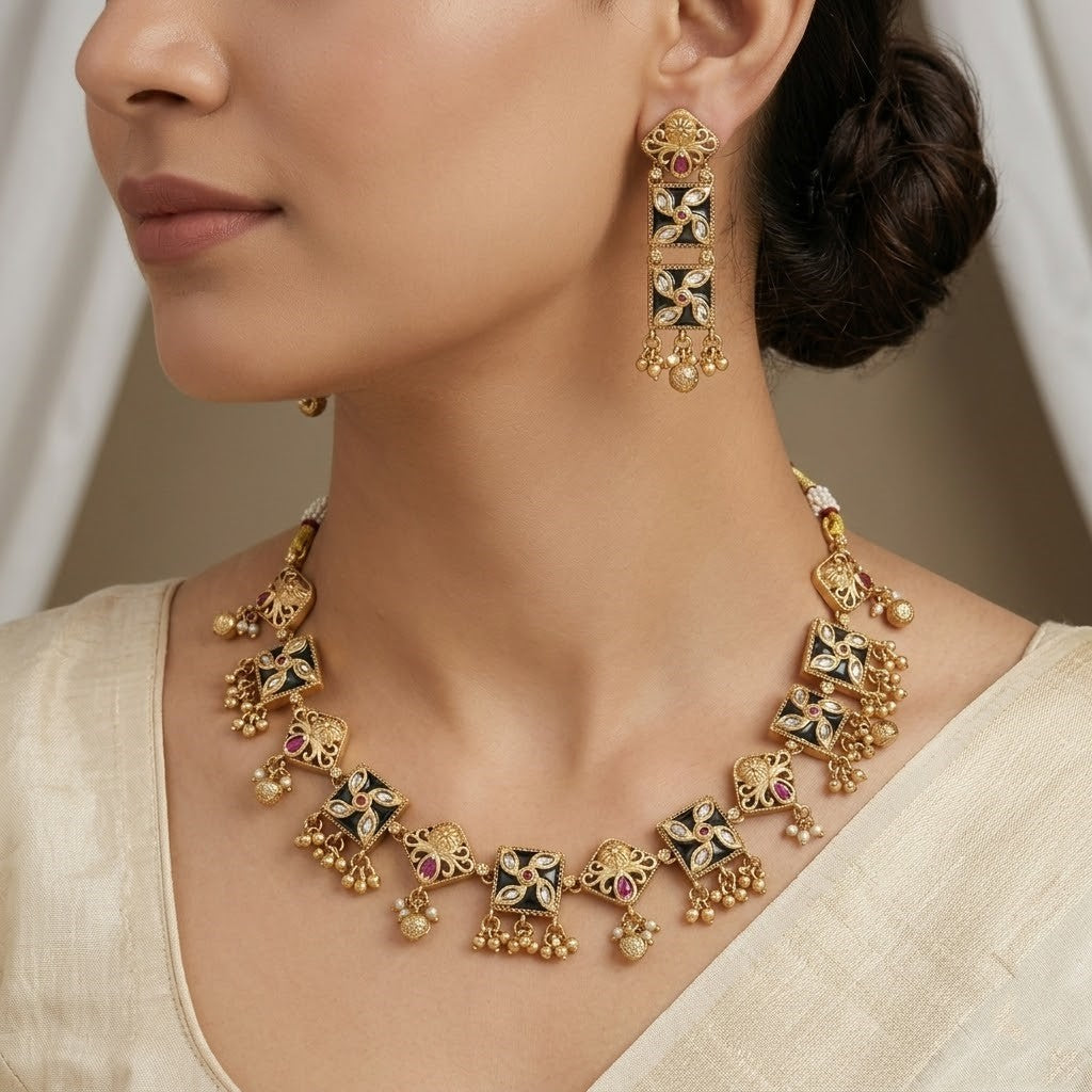 Contemporary Gold-Toned Black Meenakari Necklace Set