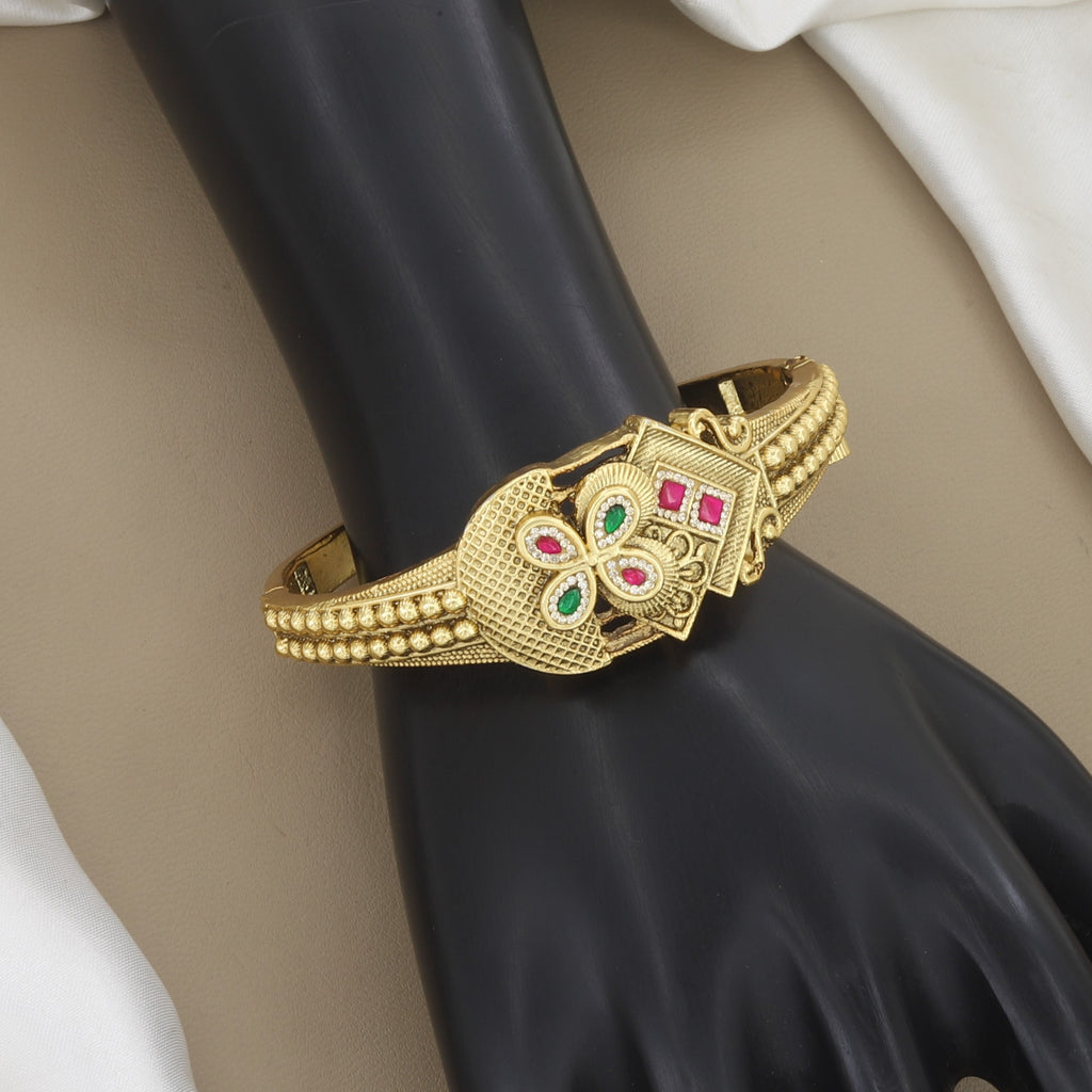 Antique Gold Floral Kada Bangle with Red & Green Stones