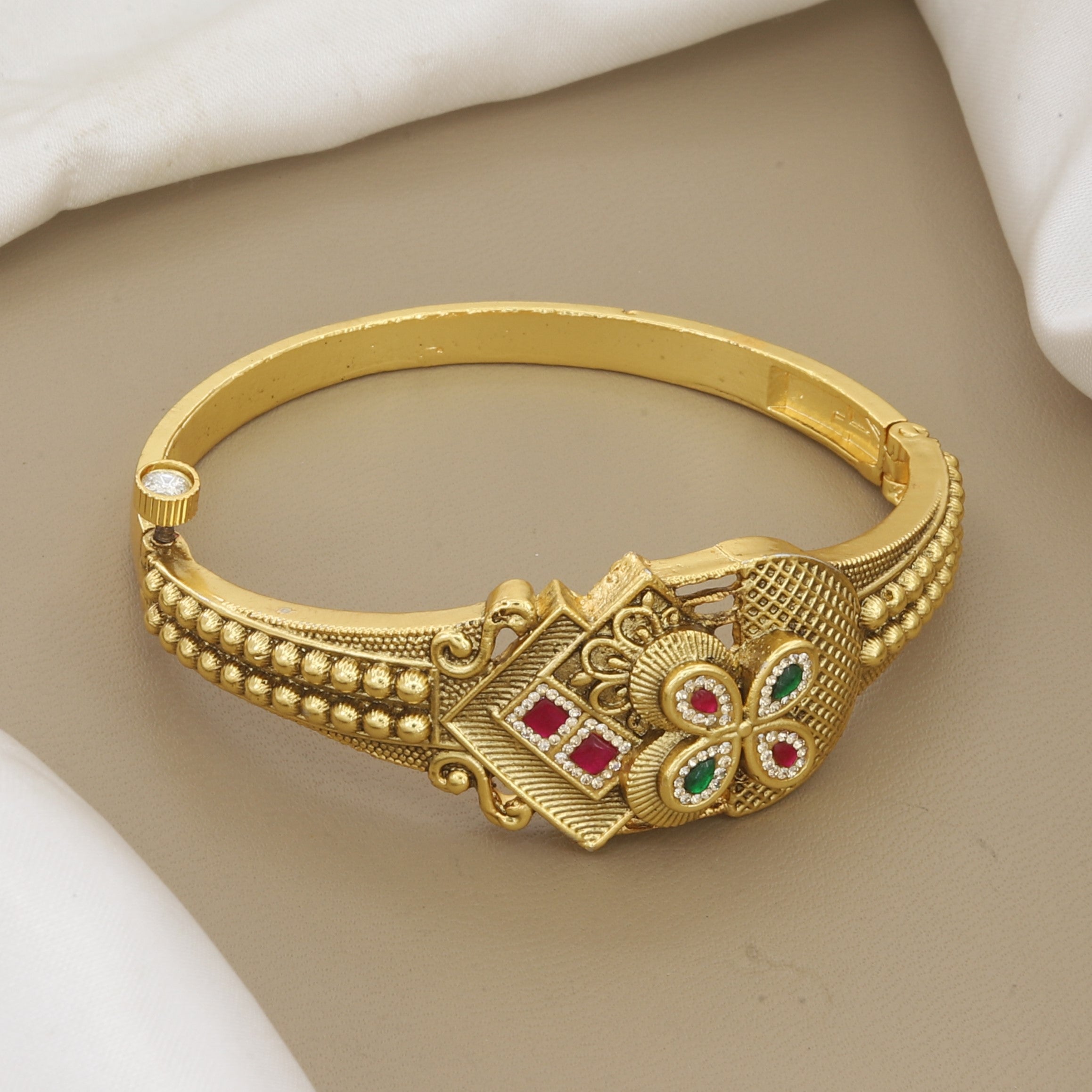 Antique Gold Floral Kada Bangle with Red & Green Stones