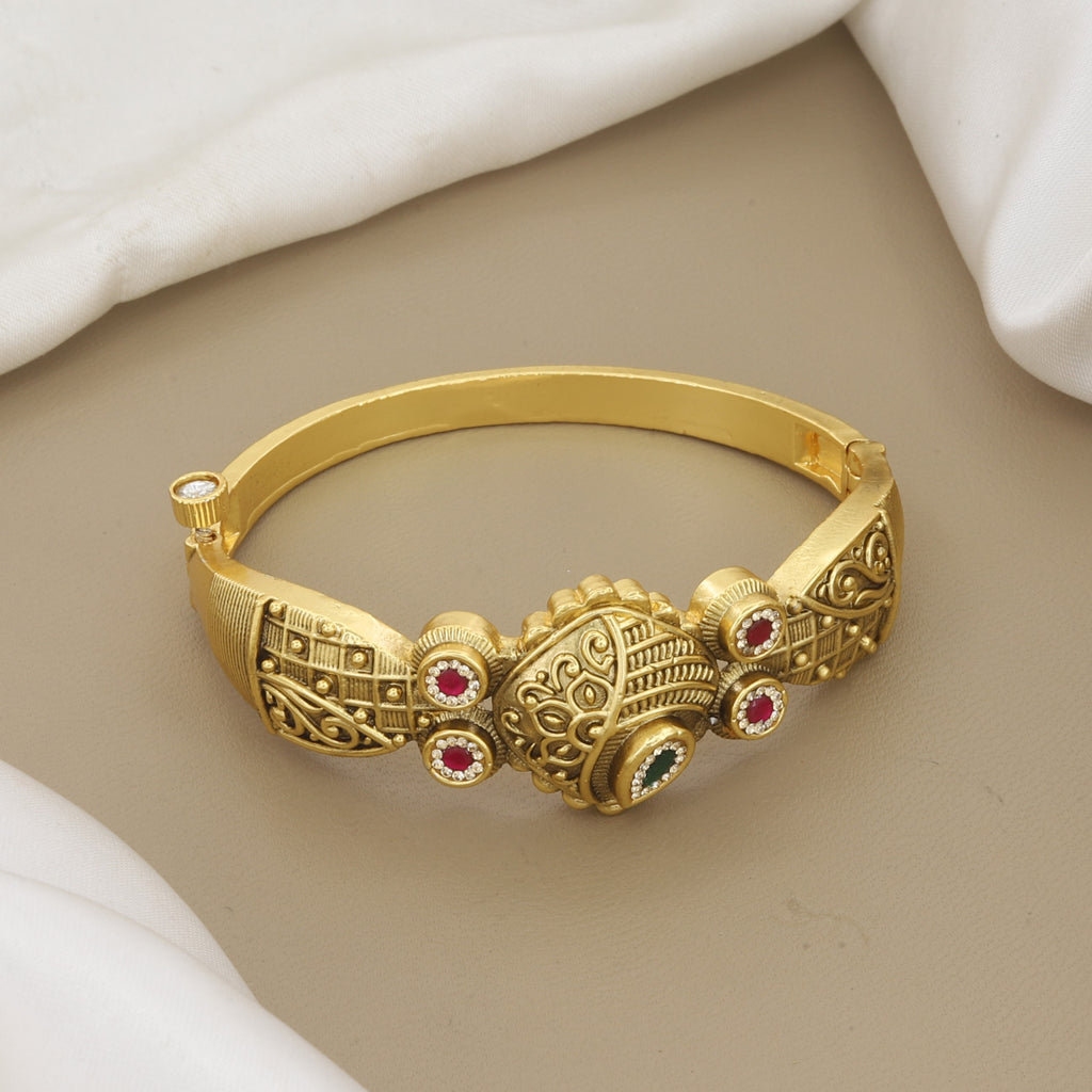 Openable Gold-Toned Bangle Bracelet with Red & Green Stones