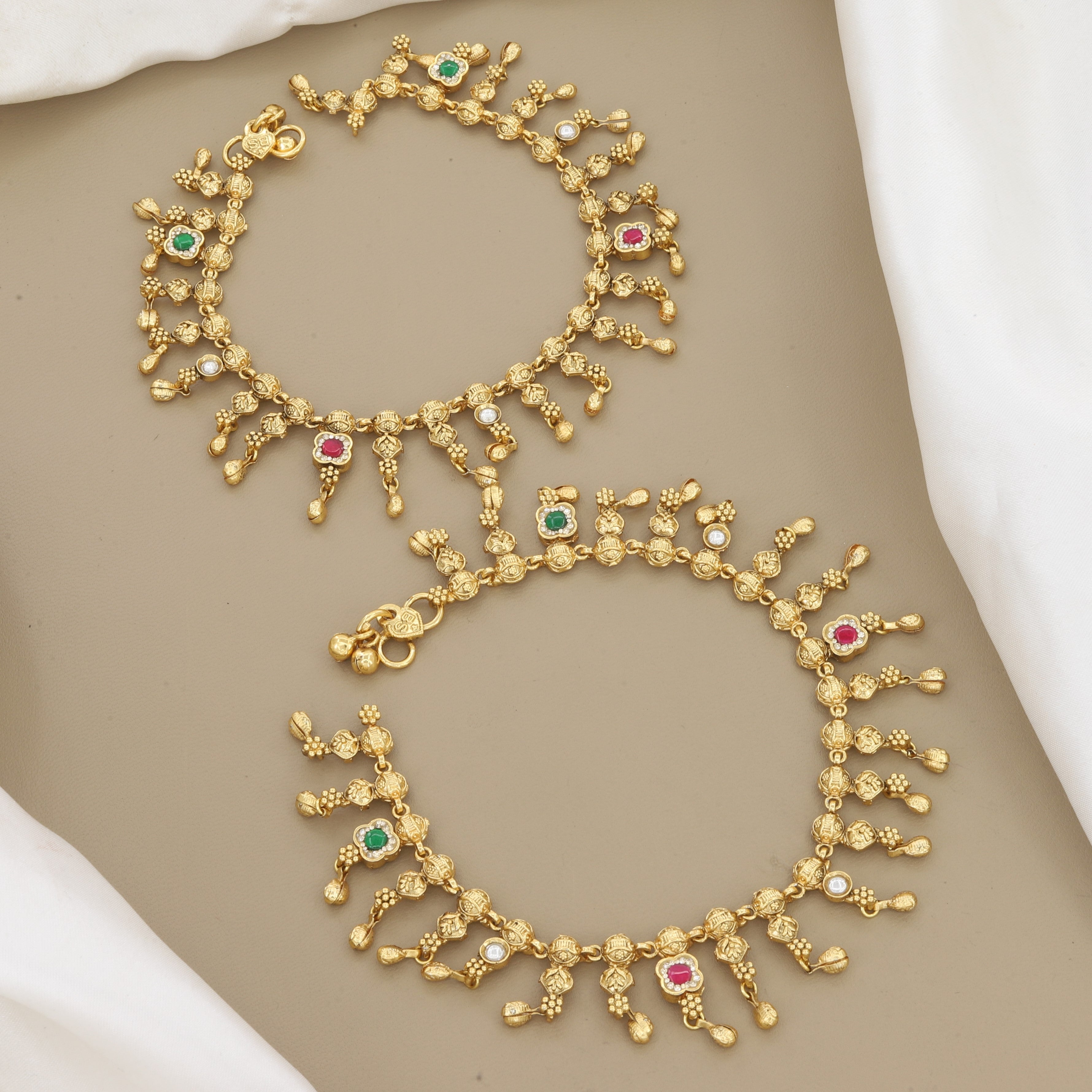 Pair Of 2 Pieces Traditional Gold Plated Payal with Ruby & Emerald Stones