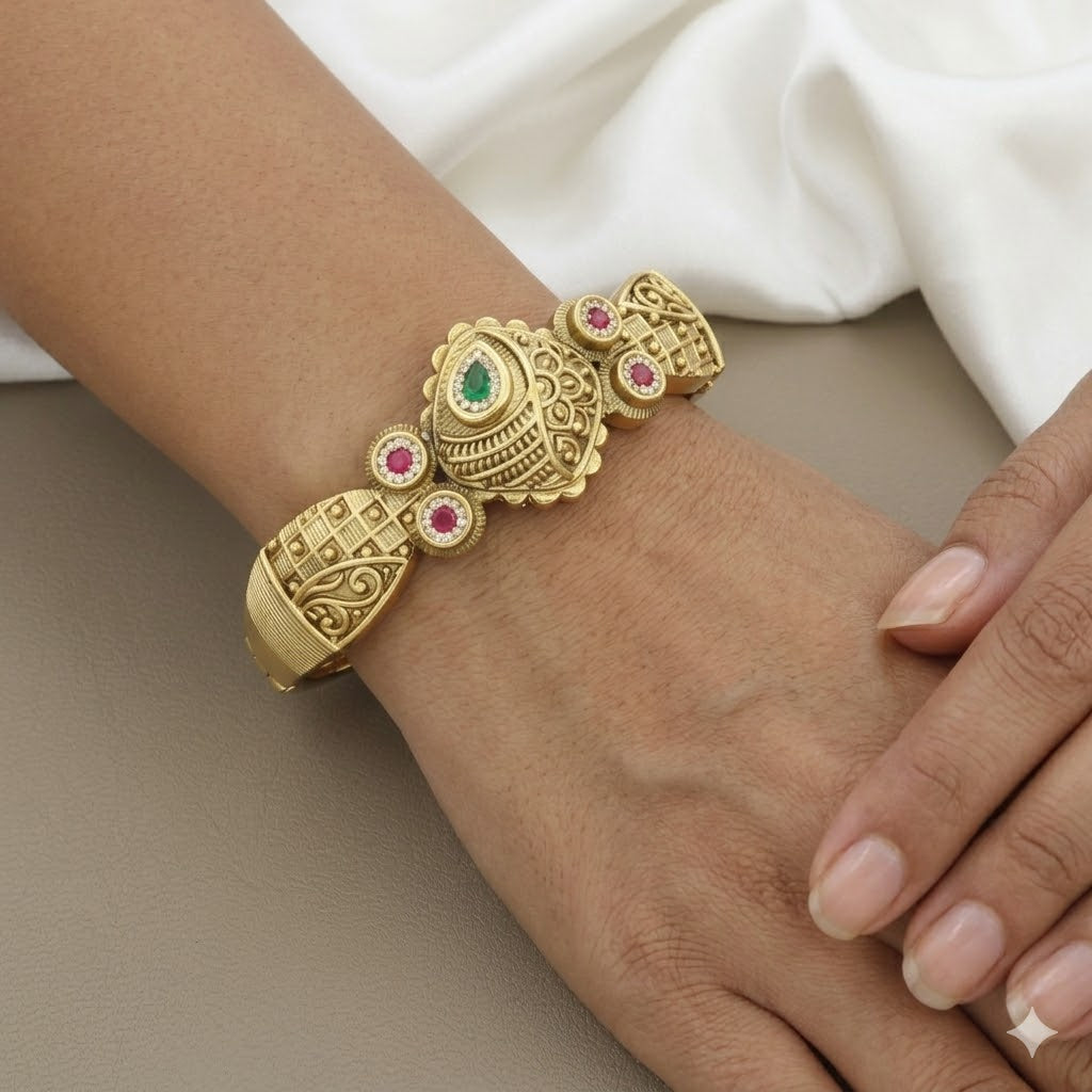 Openable Gold-Toned Bangle Bracelet with Red & Green Stones