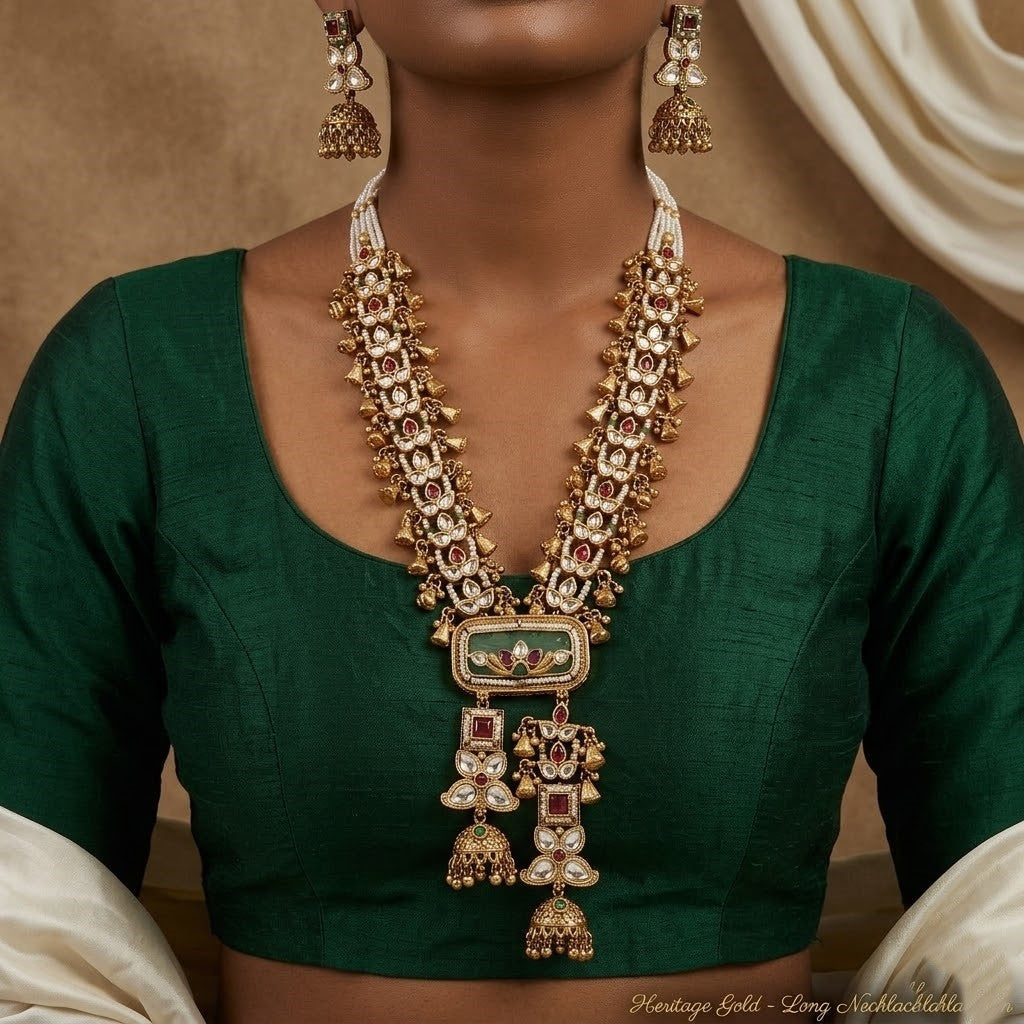 Antique Divine Long Kundan Necklace with Antique Bells