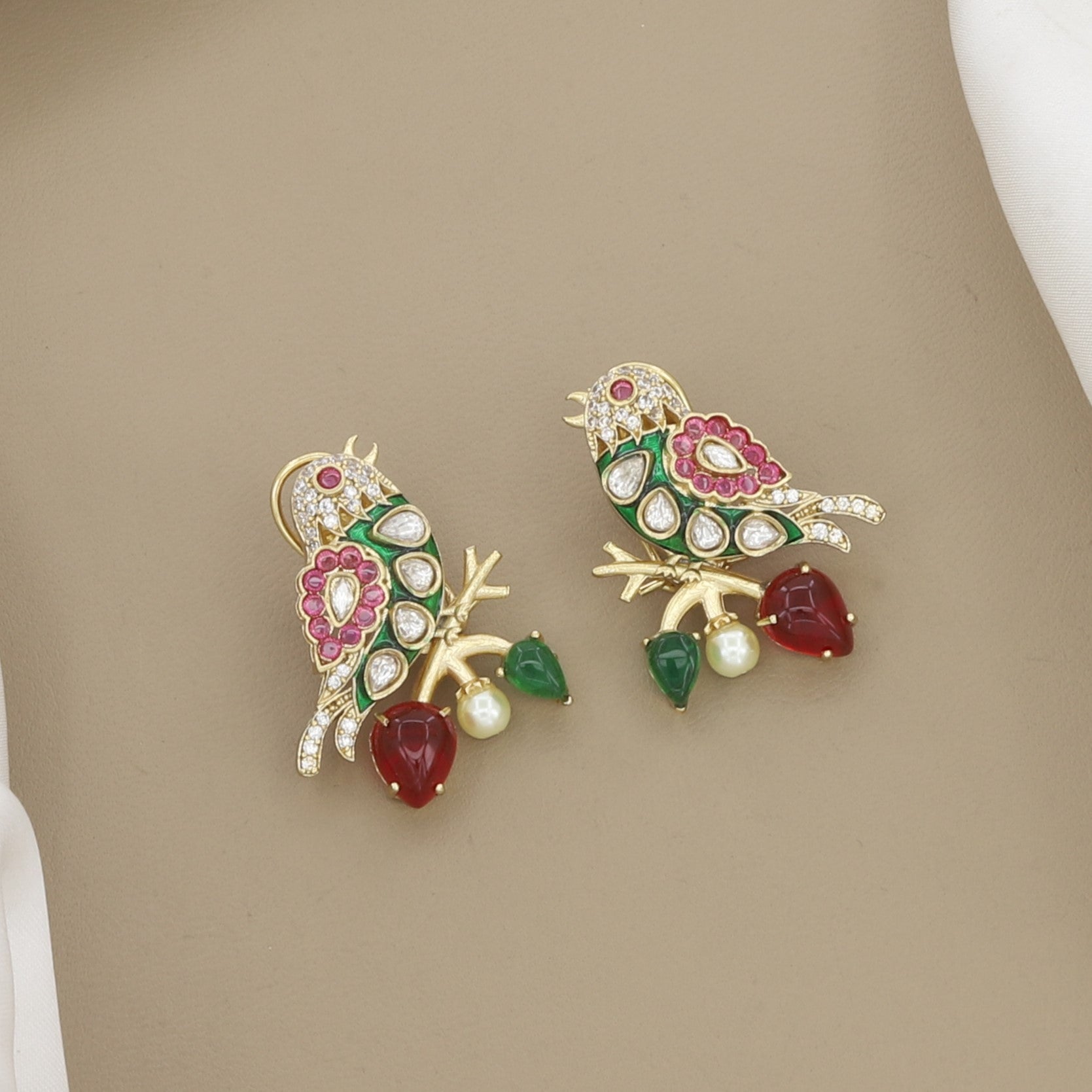 Nature-Inspired Meenakari Bird Pendant & Earring Set