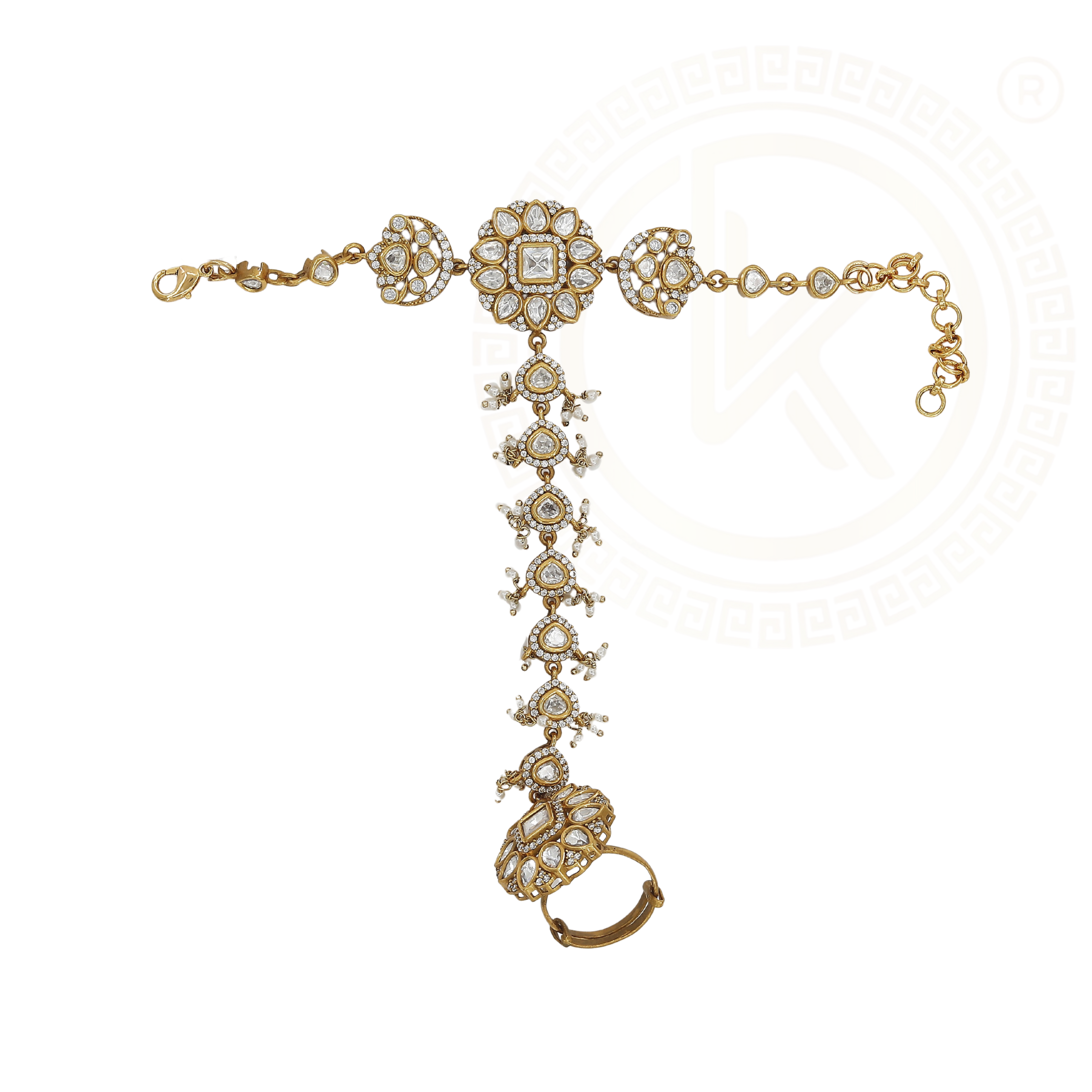 Finely Crafted Gold Hath Bracelet with Kundan Pearls