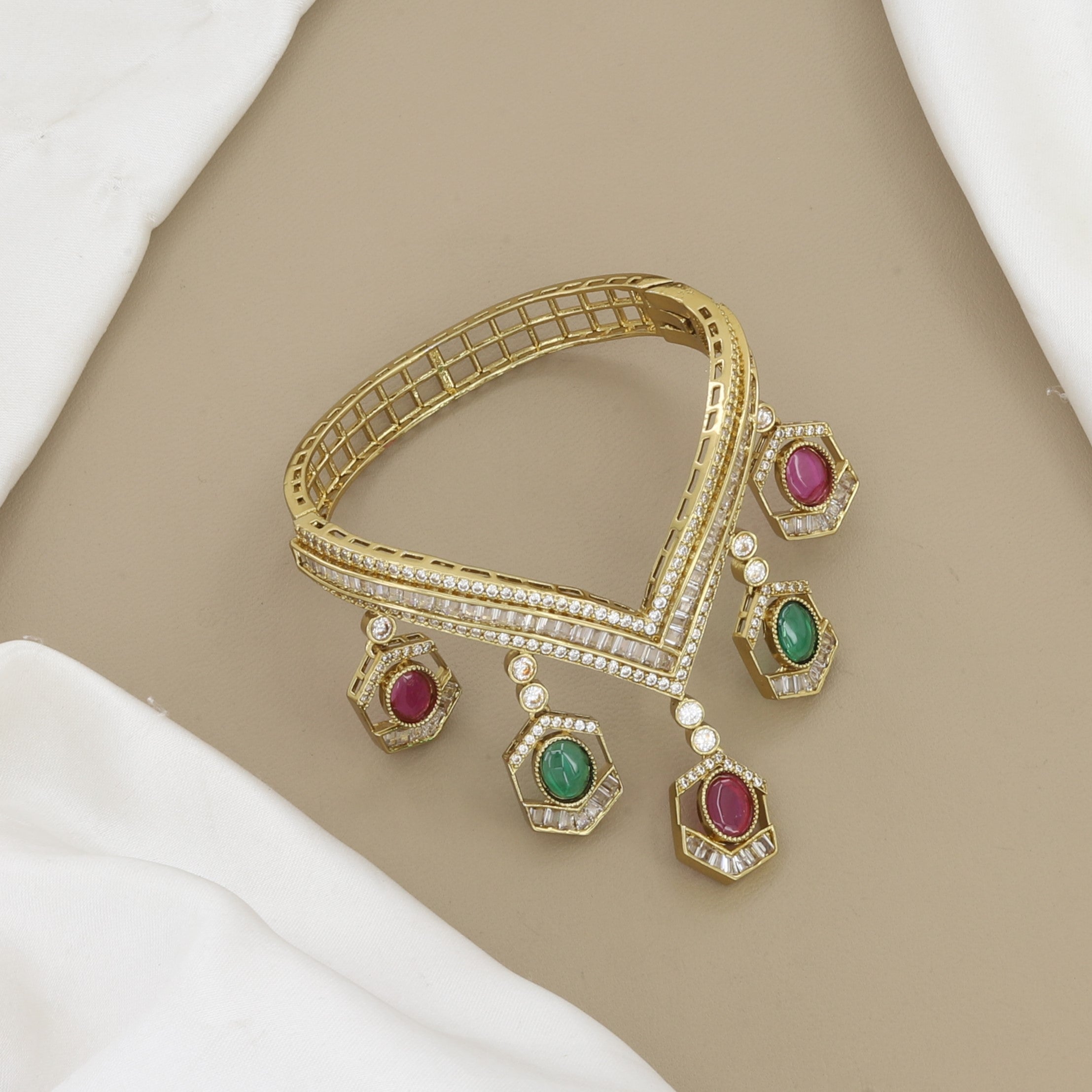 Luxury V-Shaped Statement Bracelet with Gemstones & Diamonds